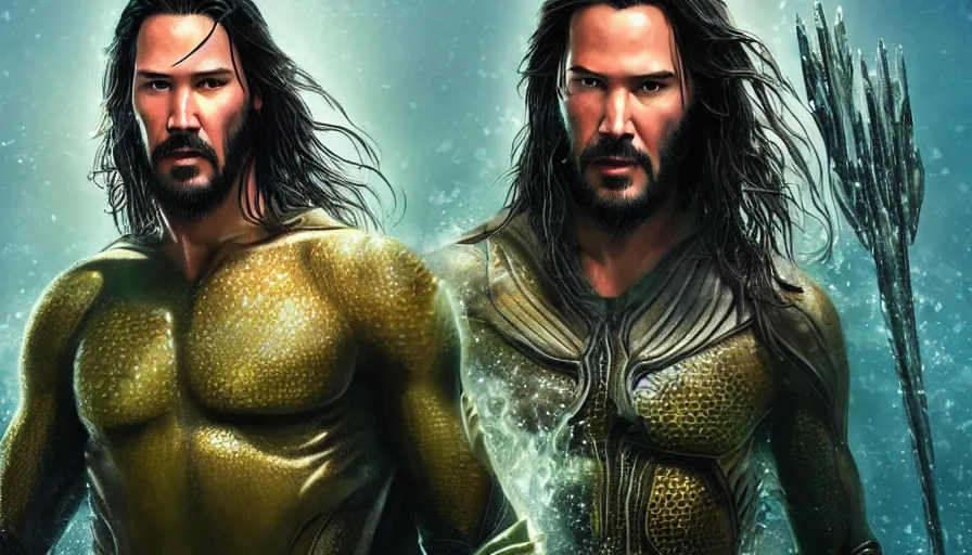 Image similar to Keanu Reeves is Aquaman, hyperdetailed, artstation, cgsociety, 8k