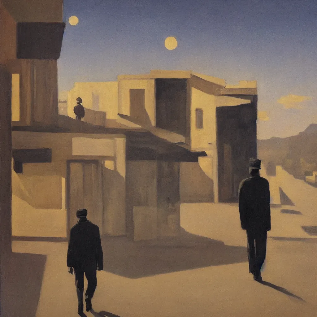 Image similar to a painting of a man walking down a lonely street on another planet at night and the sky is the universe, the head of the man is a skull, he is wearing a trenchcoat, in the style of edward hopper, 4 k,