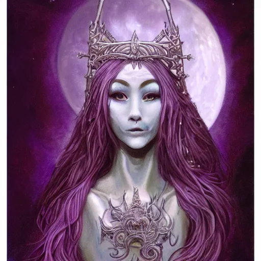 Prompt: painting of prophetess of the moon, silver filigree armor and tiara, moon above head, purple wavy hair, translucent skin, wide striking eyes, beautiful! coherent! by brom, by junji ito, by brian froud, strong line, high contrast, muted color