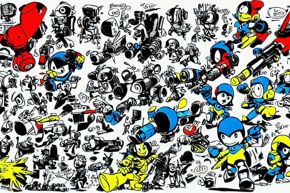 Image similar to concept sketches of supersoaker bazookas by jamie hewlett, in the style of megaman