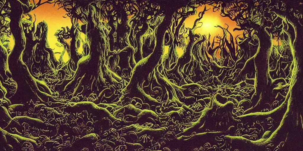 Image similar to Artwork by Richard Corben of the cinematic view of the Celestial Forest of Buried Enchantments.