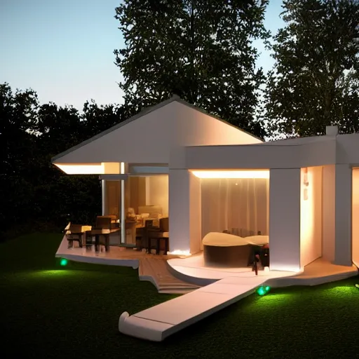 Image similar to crystal ball with mini modern house with led strip lights inside it, octane render hyperdetailed,