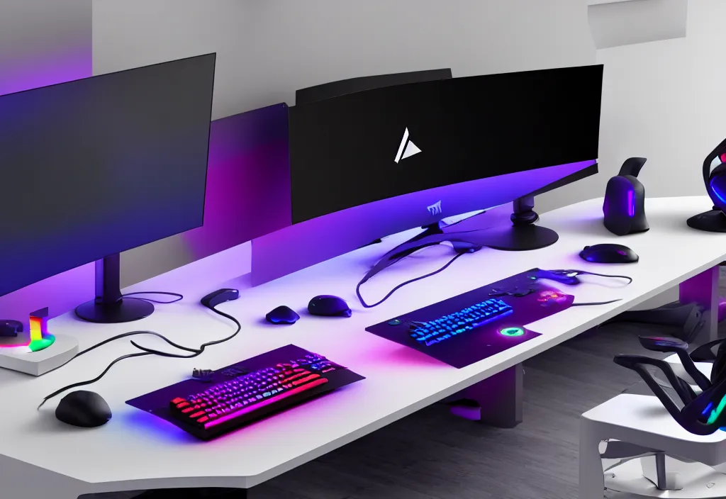 Image similar to the ultimate gaming setup rgb, three monitors, colorful, glossy, octane render, 8 k, detailed, rgb keyboard, rgb mouse, gaming pc, microphone, detailed