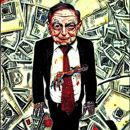 Image similar to George Soros full body shot, dollar bills Body horror, biopunk, by Ralph Steadman, Francis Bacon, Hunter S Thompson