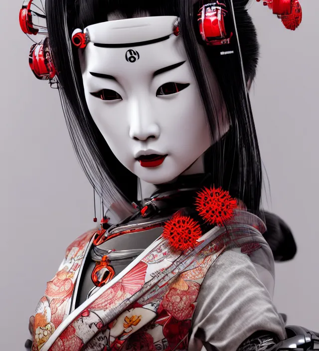 Image similar to portrait of a beautiful japanese robotic geisha with wires and actuators, kanji tattoos and decals, dramatic lighting, hyper - realistic, ultra - realistic, intricate details, japanese model, 8 k ultra high definition, octane render