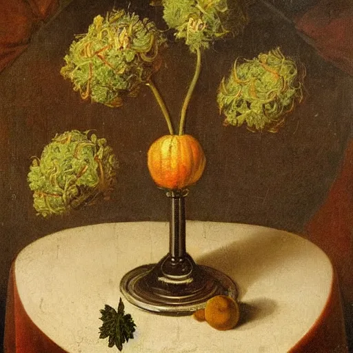 Image similar to gravity bong with weed in still life. dutch masters, 1 8 th century. oil on canvas