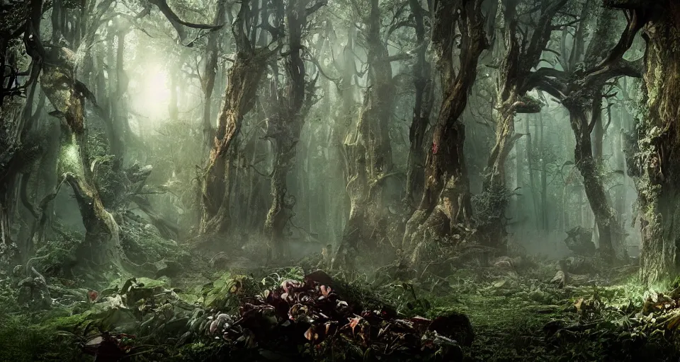 Image similar to Enchanted and magic forest, by Zack Snyder