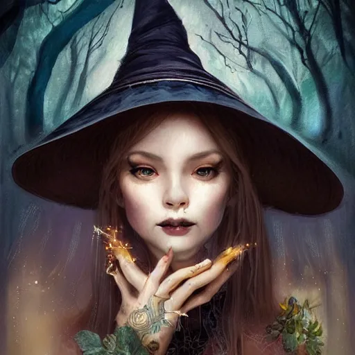 Image similar to Portrait of a young gorgeous witch making magic with her hands, eeries, mystical, intricate, by Wlop, high details
