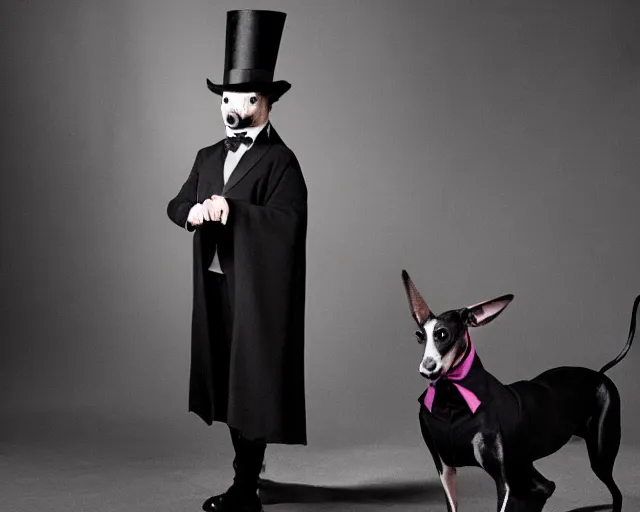 Prompt: greyhound wearing a black cloak and a top hat, under a spotlight, magician dog performing on stage, dapper greyhound