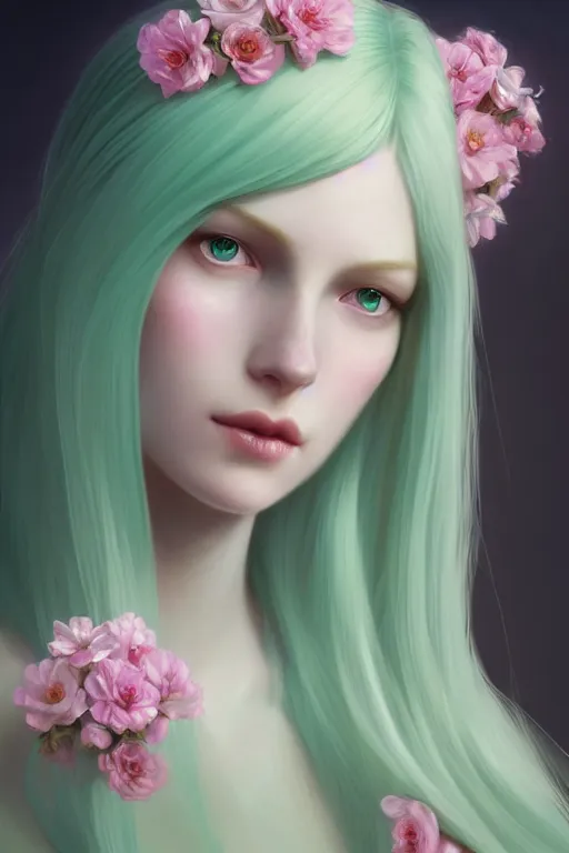 Prompt: A pale skinned woman with long mint green hair and nails, both decorated with pink flowers, illustration, soft lighting, soft details, dark mood, painting oil on canvas by Edmund Blair Leighton and Charlie Bowater octane render trending on artstation d&d characters, 4k, 8k, HD