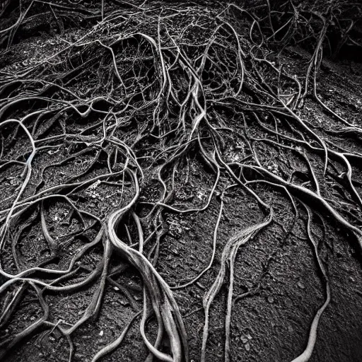 Image similar to ward - winning photograph of pitch black, tar - like, shadow roots with lots of tendrils spreading everywhere, intricate detail, goopy, deep black roots, infestation, shadowy, lovecraftian