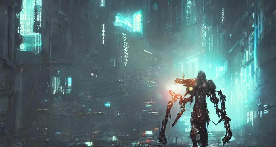 Image similar to cyberpunk gladiator, concept art, colorized pencil, highly detailed, by Akihiko Yoshida, octane render, cg, rich cinematic atmosphere, perfect digital art, mystical journey in strange world, Mystical, cyberpunk, techwar, sci-fi, surreal, glowing lights, sharp focus, high detailed - H 1024