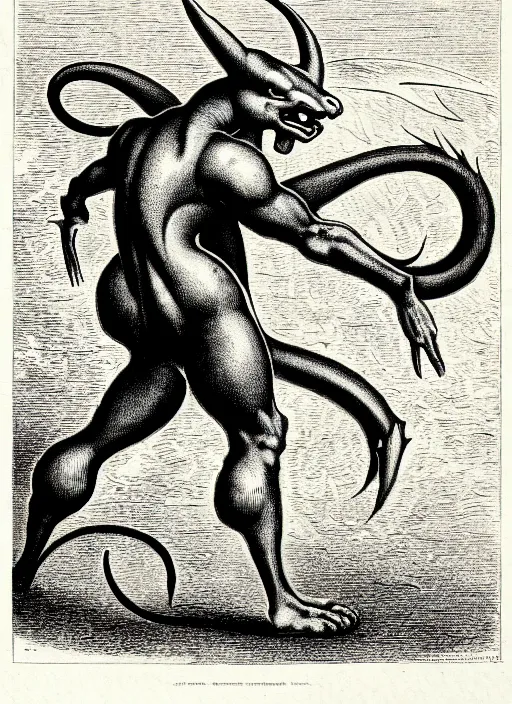 Image similar to illustration of mewtwo as a demon from the dictionarre infernal, etching by louis le breton, 1 8 6 9, 1 2 0 0 dpi scan, ultrasharp detail, clean scan