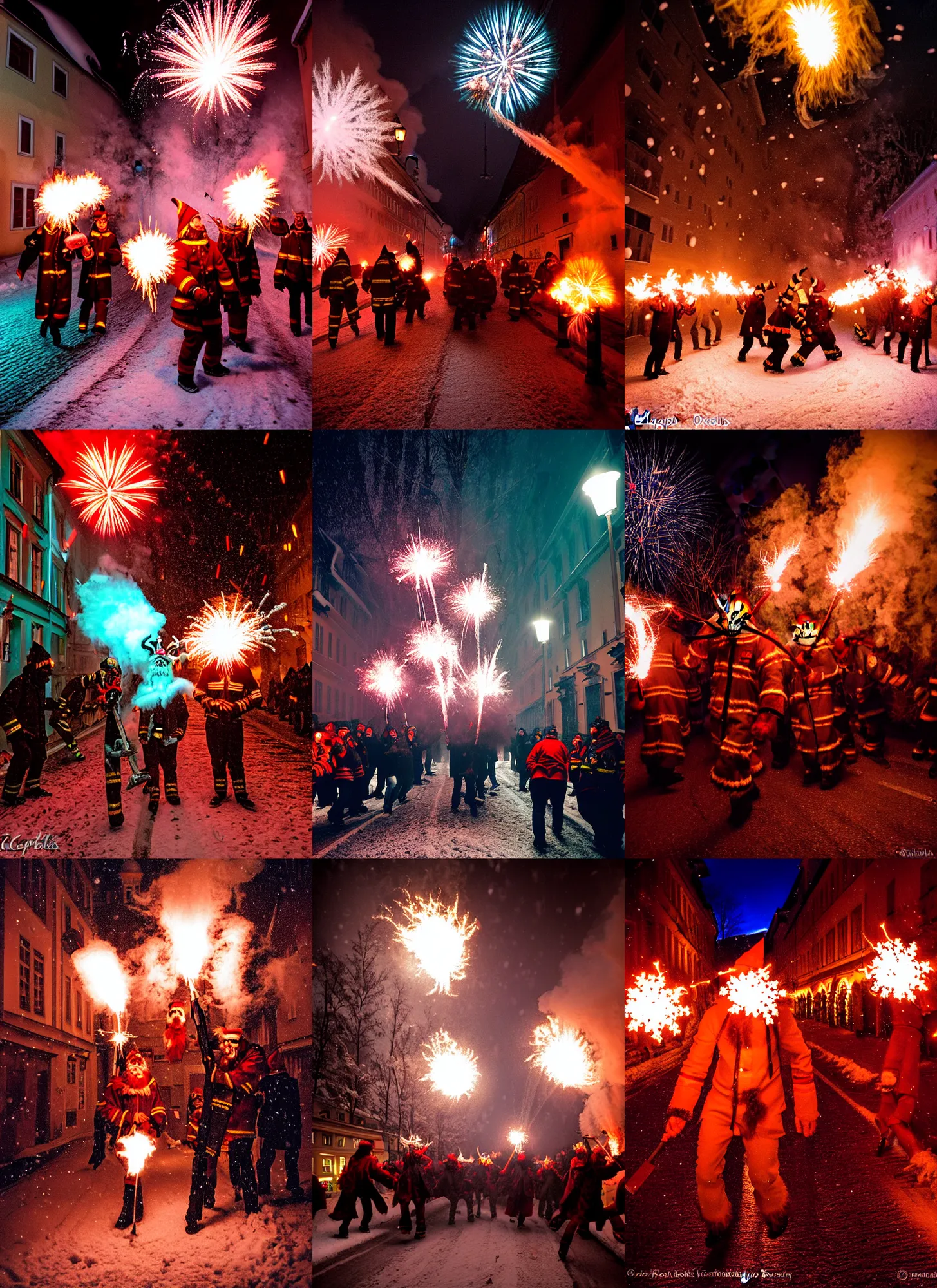 Prompt: kodak portra 4 0 0, winter, snowflakes, hellfire chaos, award winning dynamic photo of a bunch of hazardous krampus between exploding fire barrels by robert capas, motion blur, in a narrow lane in salzburg at night with colourful pyro fireworks and torches, teal lights