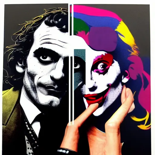 Image similar to richard hamilton and mimmo rottela and banksy as joaquin phoenix skinny joker holding hand lady gaga harley queen, ultra photorealistic, intricate details, pop art style, baroque, hyperdetailed, concept art, ultrarealistic, 3 colors, smooth, sharp focus