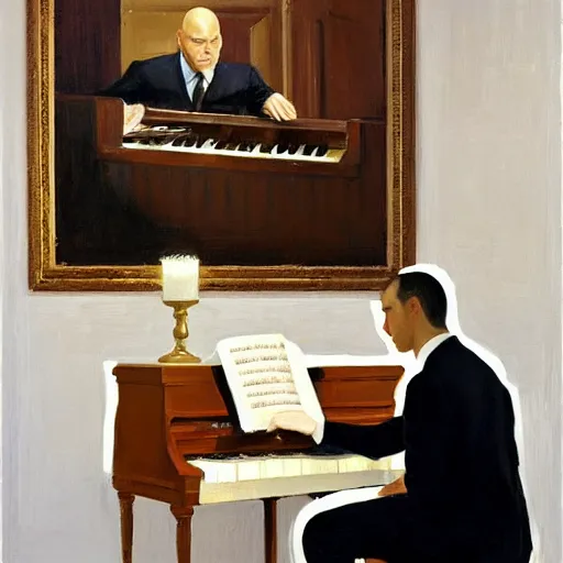 Image similar to a portrait of agent 4 7 playing a piano next to a white coffin in a monestary by gregory manchess, james gurney, james jean