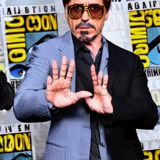 Prompt: robert downey jr. uses iron man hand to entertain fans