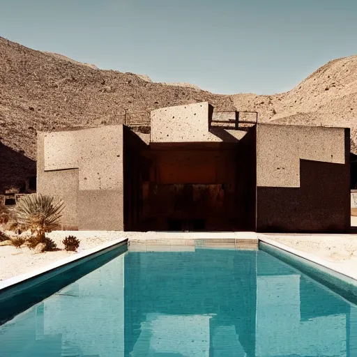 Image similar to brutalism hotel in the desert, biophilia mood, pool, garden, highly detailed, cinematic, photorealistic, made of concrete and steel