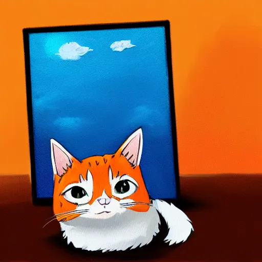 Prompt: A fuzzy orange cat sitting on planet earth, digital painting, highly-detailed, in the style of Studio Ghibli