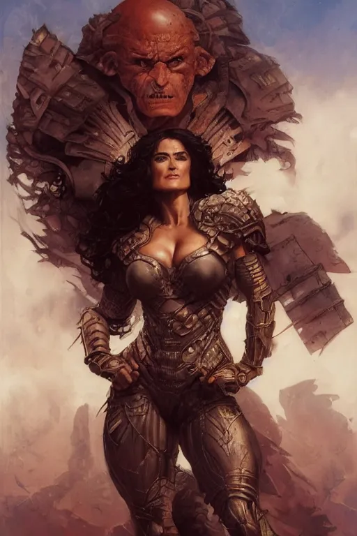 Image similar to muscular beautiful salma hayek wearing armor tombow artwork greg staples , dug stanat, norman rockwell , christophe young eytan zana , rumiko takahashi ,HD 4k ,trending on deviantart