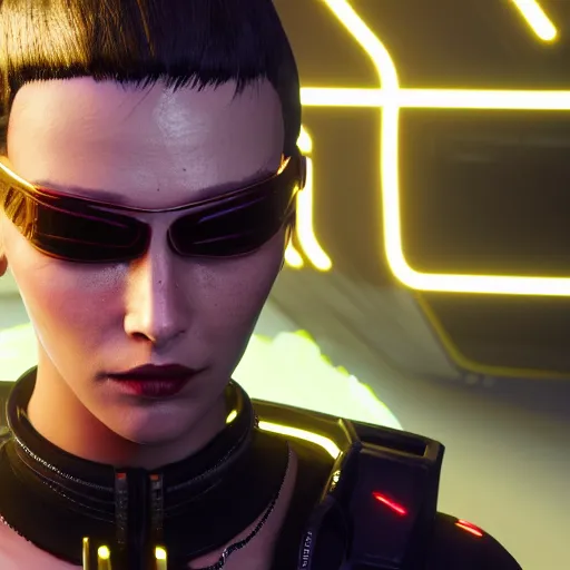 Image similar to female V from Cyberpunk 2077 wearing spiked choker, collar, choker, punk, collar, 4K, realistic, futuristic, collar, choker, spiked collar,