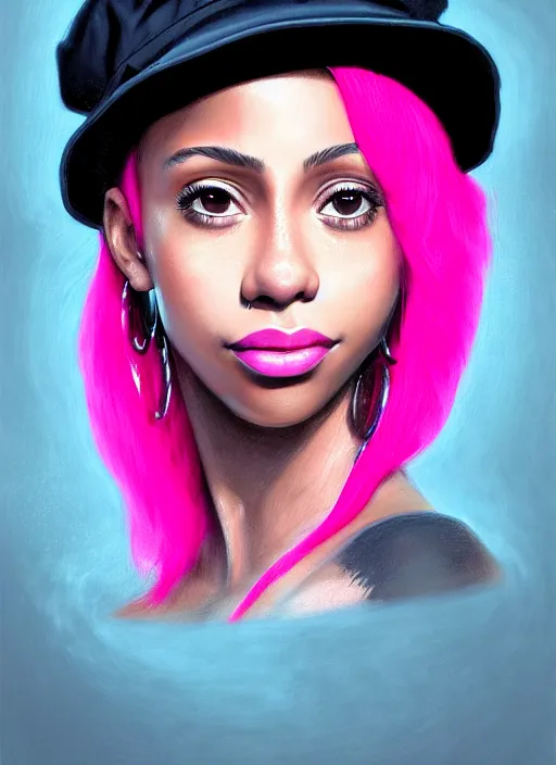 Image similar to portrait of teenage vanessa morgan with bright pink hair, black girl, vanessa morgan, curly pixie cut hair, wearing newsboy cap, newsboy cap, hoop earrings, intricate, elegant, glowing lights, highly detailed, digital painting, artstation, concept art, smooth, sharp focus, illustration, art by wlop, mars ravelo and greg rutkowski