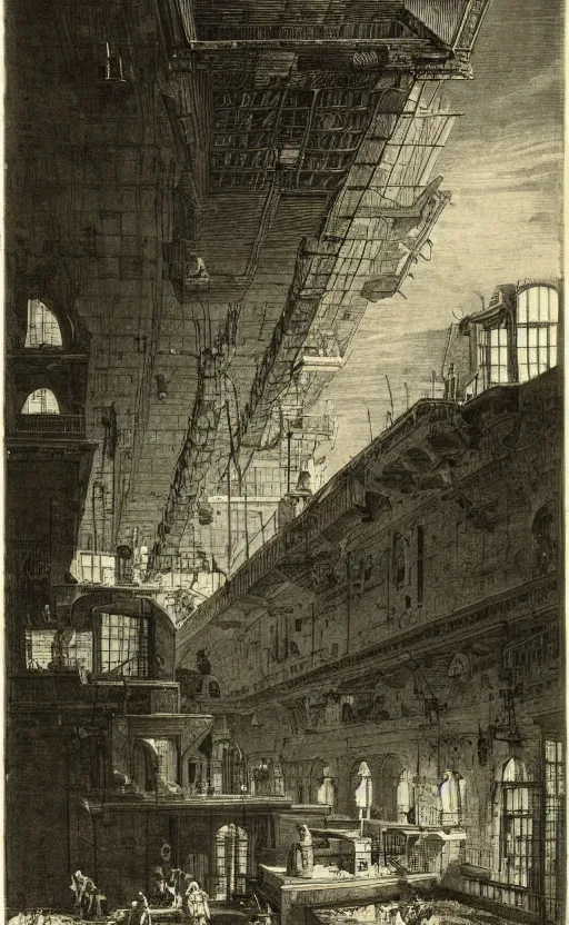 Prompt: an etching by Canaletto of a vast alien spaceship interior, reminiscent of Piranesi\'s prisons