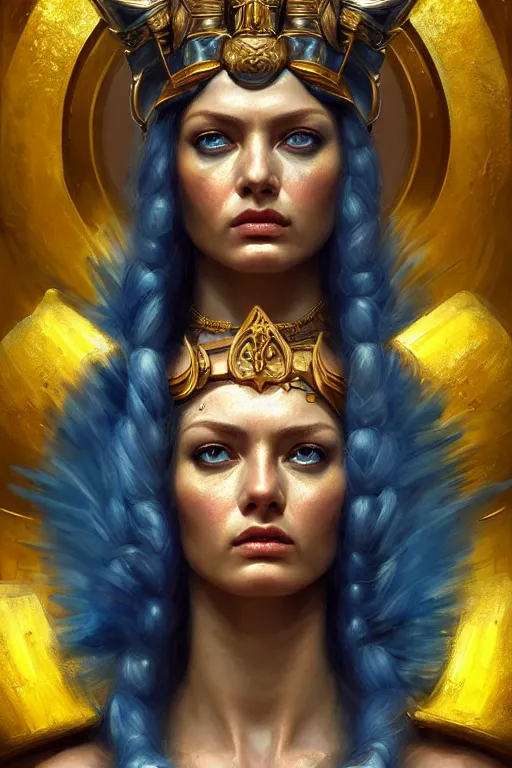 Prompt: The angry Godess Hera, portrait, highly detailed, digital painting, artstation, concept art, smooth, detailed rusty armor, sharp focus, beautiful face, symmetric face, dystopian, cinematic, videogame cover art, illustration, fantasy, blue and yellow color theme, art by Artgerm and Greg Rutkowski and Alphonse Mucha