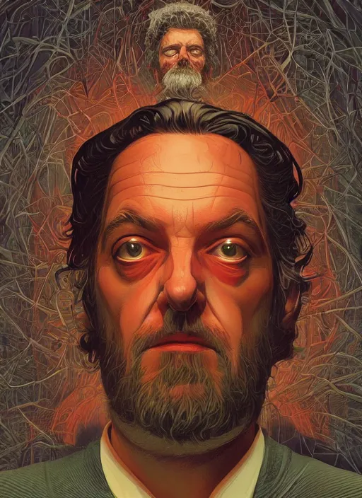 Image similar to poster artwork by Michael Whelan and Tomer Hanuka, Karol Bak of portrait of Stanley Kubrick film director, from scene from Twin Peaks, clean