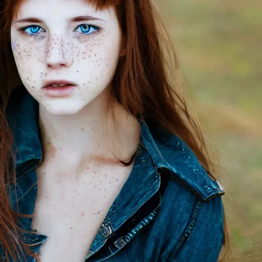 Prompt: australian girl with brown hair, blue eyes, pale skin, freckles high quality macro