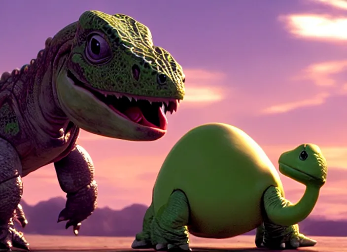 Image similar to film still of yoshi in the new sci - fi movie, cute upright dinosaur with a small turtle shell and long tongue, 8 k