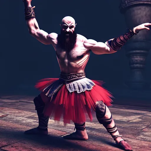 Image similar to kratos dancing ballet, wearing a tutu, ultra realistic, intricate details, highly detailed, photorealistic, octane render, 8 k, unreal engine.