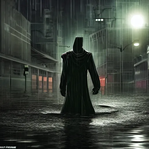 Prompt: android dressed in a torn cloak roams the flooded streets of an abandoned cyberpunk city at night, highly detailed