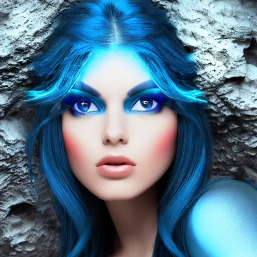 Image similar to seductive divine goddess with bright blue eyes in a dark cave, photo 3 d,