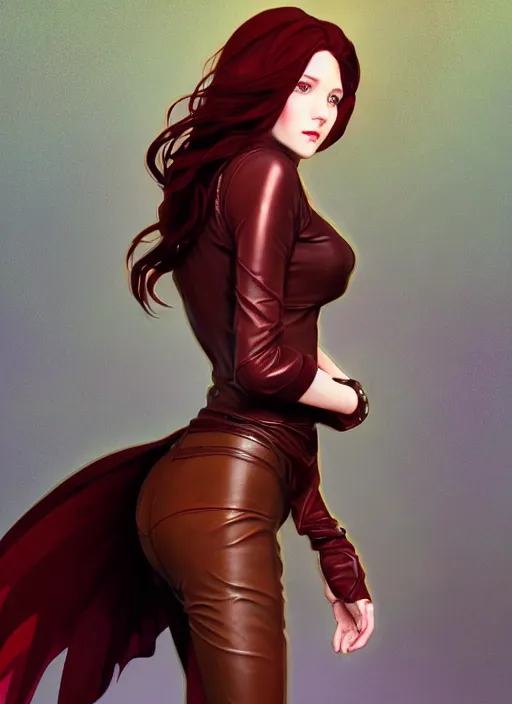 Prompt: pretty young woman with shoulder length shiny shimmering dark red hair and wearing leather high - tech suit, path traced, highly detailed, high quality, digital painting, by studio ghibli and alphonse mucha, leesha hannigan, makoto shinkai, disney