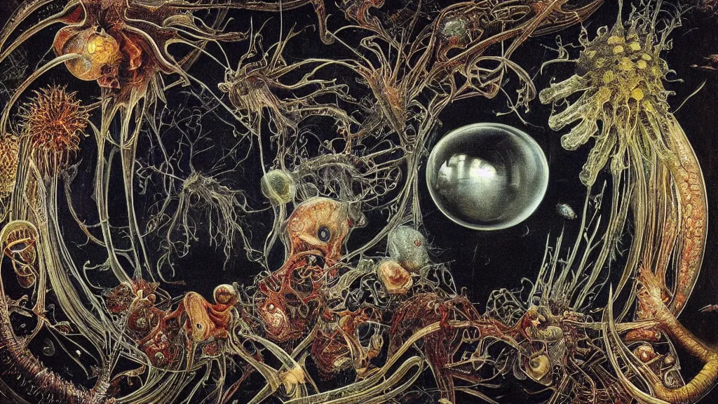 Prompt: a beautiful dreamy painting of a coronavirus inside a broken television screen, alien, dark, sinister, detailed, high contrast, art by Ernst Haeckel and Matt Lombardi