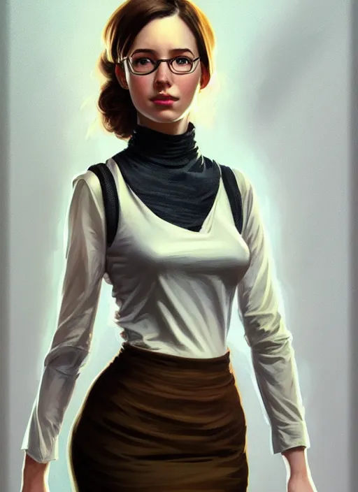 Image similar to portrait of a full body of beautiful young female secretary, d & d, sleeveless turtleneck, pencil skirt, fantasy, flat lighting, intricate, highly detailed, digital painting, artstation, concept art, smooth, sharp focus, illustration, art by simon bisley and greg rutkowski and alphonse mucha, natural tpose