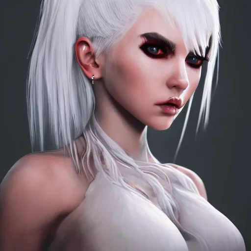 Image similar to a highly detailed portrait of a humanoid demon girl with white hair, red horns, in white clothes, artstation, deviantart, professional, unreal engine 5, photorealistic