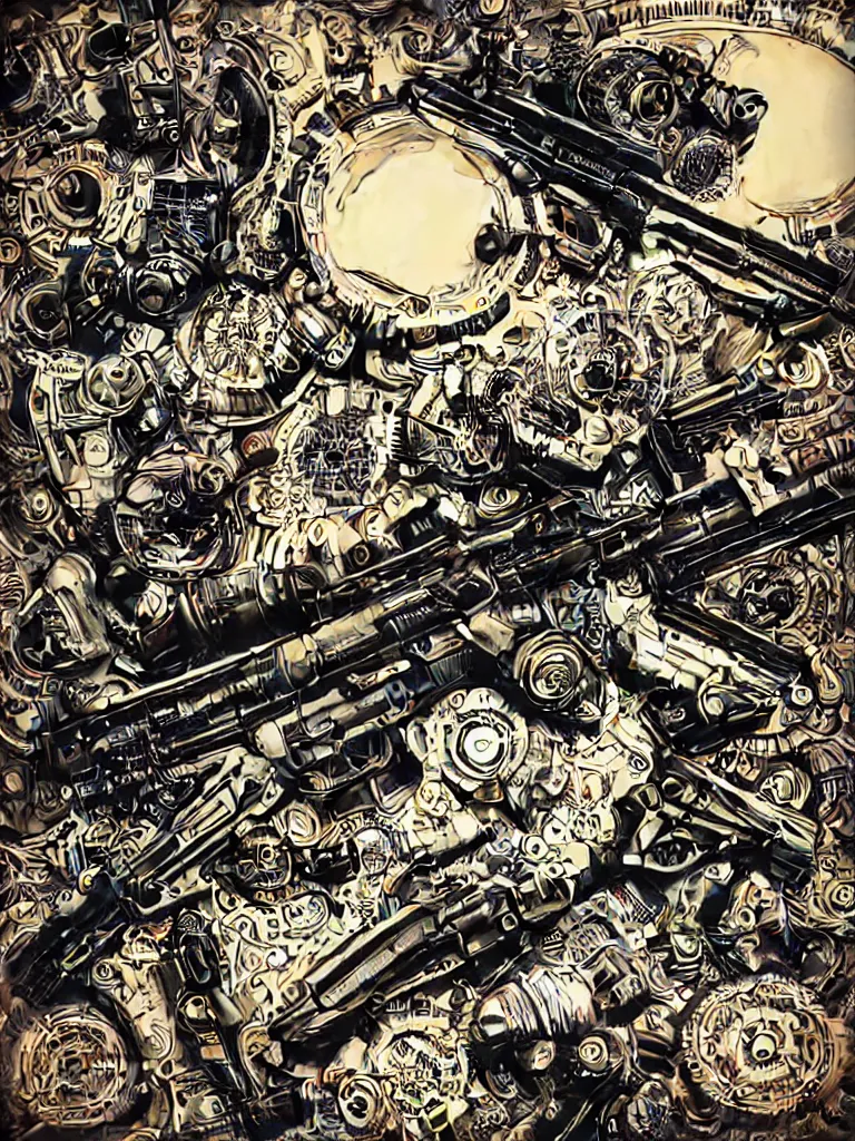 Prompt: symmetrical concentric circle of machine guns shotguns rifles revolvers bullets, dark vintage paperback cover, ultra-realistic, intricate fluid details,