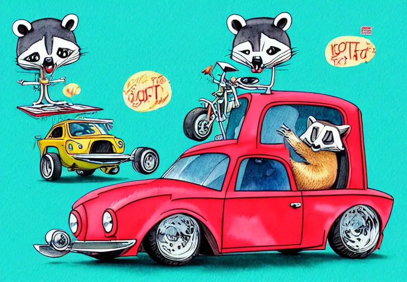 Image similar to cute and funny, racoon riding in a tiny hot rod coupe with oversized engine, ratfink style by ed roth, centered award winning watercolor pen illustration, isometric illustration by chihiro iwasaki, edited by range murata