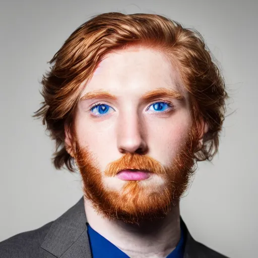 Prompt: Blue eyed ginger 23 year old man with stubble, corporate portait, headshot, profile