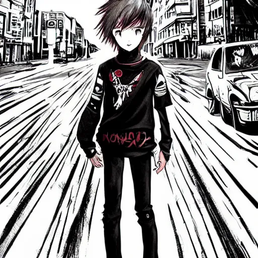 Image similar to a boy is wearing a punk outfit, he is walking in the middle of the street, anime art, elegant, smooth, hd