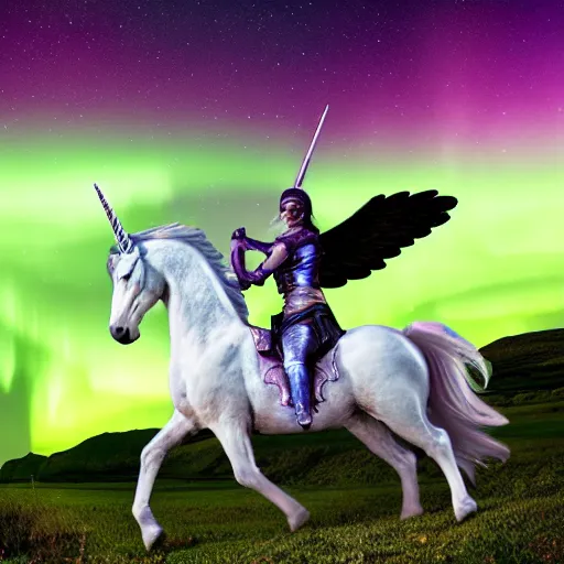 Image similar to warrior riding a pegasus unicorn through the aurora borealis, wielding a sword and shield, lighting, storm, by ricardo ow