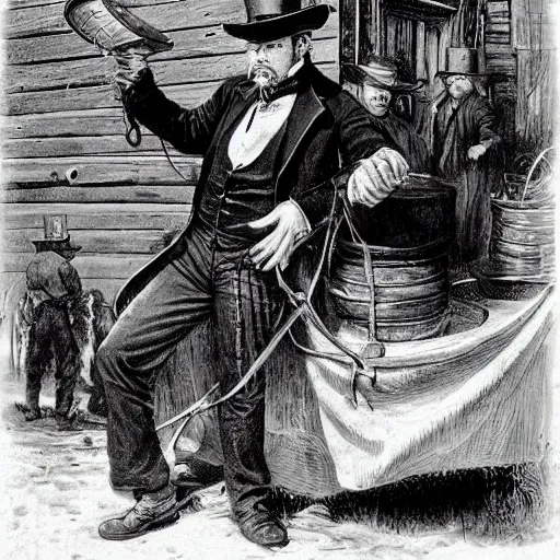 Prompt: alex jones as a 1 9 th century traveling medicine salesman wearing a top hat, selling purported miracle tonics out of a chuckwagon, western illustration by howard terpning