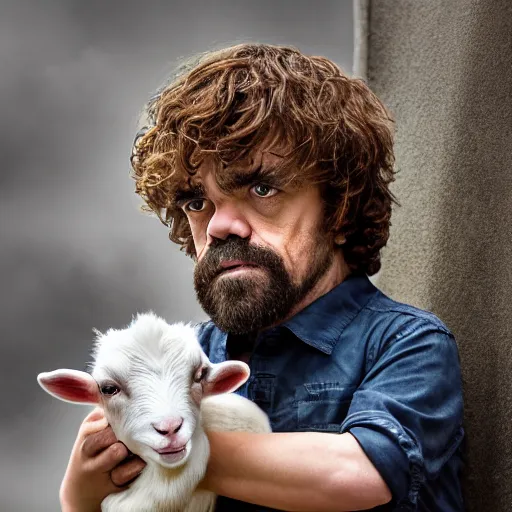 Image similar to peter dinklage holding a baby goat, ( sony a 7 r iv, symmetric balance, polarizing filter, photolab, lightroom, 4 k, dolby vision, photography awardm, voque, perfect face )