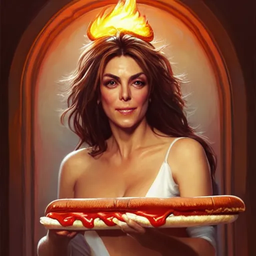 Image similar to Elizabeth Hurley eating Hot Dogs, dripping BBQ Sauce, serving big macs, D&D, spilling ketchup, fantasy, intricate, elegant, highly detailed, digital painting, artstation, concept art, matte, sharp focus, illustration, hearthstone, art by Artgerm and Greg Rutkowski and Alphonse Mucha