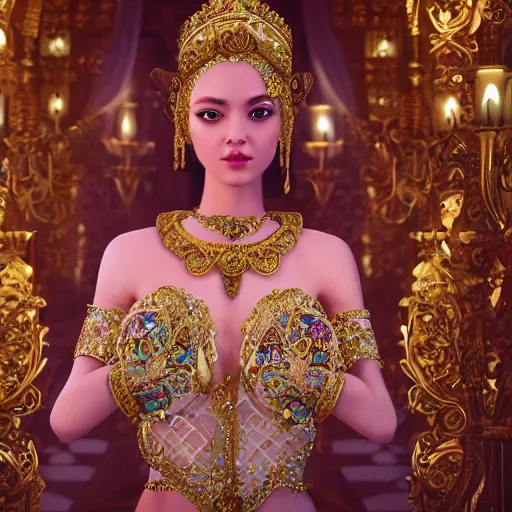 Image similar to portrait of pretty princess with perfect skin, glowing, ornate and intricate diamond jewelry, jaw dropping beauty, ornate and intricate backdrop, white accent lighting, hyper detailed, 4 k octane render