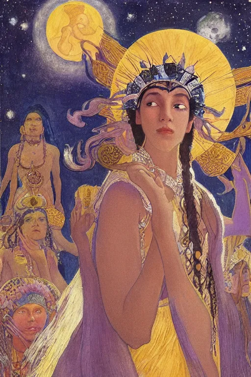 Image similar to queen of the moon with stars in her hair by Nicholas Roerich and Annie Swynnerton and Diego Rivera and jean delville and Carl Larsson, dramatic cinematic lighting , dark skin and natural afro hair, silver jewelry, ornate headdress, flowing robes, sacred artifacts, lost civilizations, smooth, sharp focus, extremely detailed