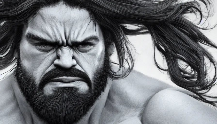 Prompt: Hulk with long hair and long beard, hyperdetailed, artstation, cgsociety, 8k