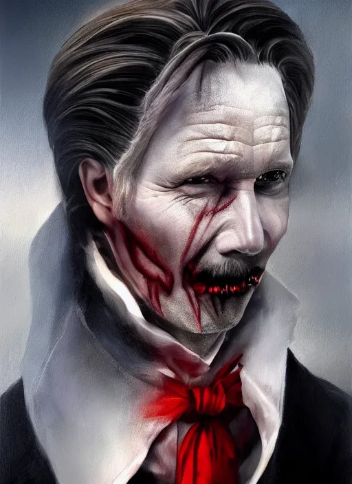 Image similar to a painting of gary oldman as dracula, a digital painting by gottfried helnwein, trending on cgsociety, gothic art, digital painting, deviantart, matte drawing